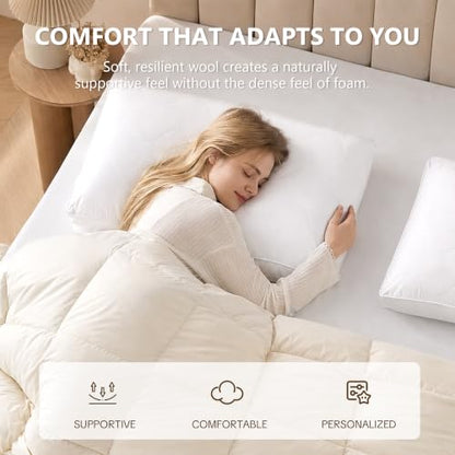 Natural Wool Pillow with Cotton Cover - Adjustable Support for Comfortable Sleep
