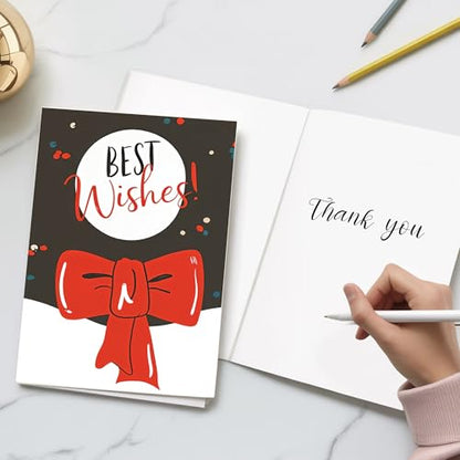 Christmas Greeting Card with Red Ribbon Bow - Elegant Holiday Note Card for Friends & Family (12 Pack)