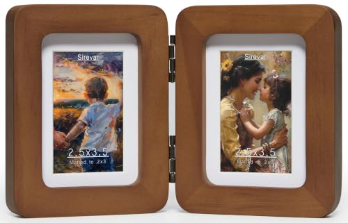 Walnut Hinged Double Picture Frame 2.5x3.5 with Real Glass - Free-Standing Tabletop Display