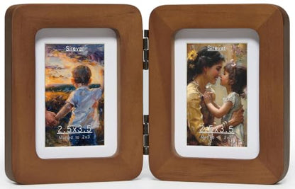 Walnut Hinged Double Picture Frame 2.5x3.5 with Real Glass - Free-Standing Tabletop Display