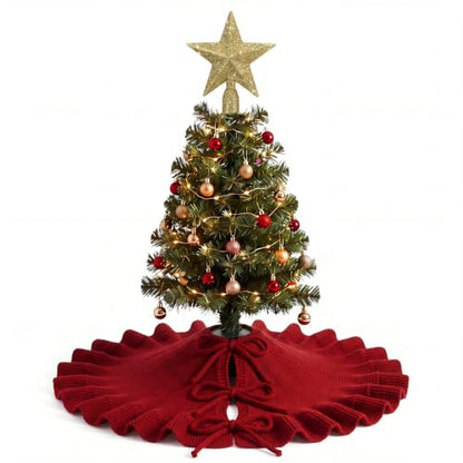 Red Knitted Mini Christmas Tree Skirt 18" with Gold Star Tree Topper - Holiday Decor