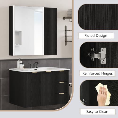 Bathroom Medicine Cabinet with Mirror and LED Lights, 29x28 Black - Wall-Mounted Vanity Storage