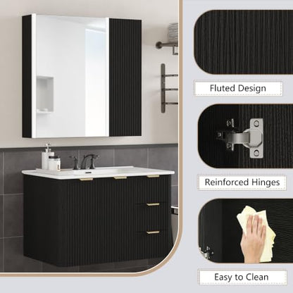 Bathroom Medicine Cabinet with Mirror and LED Lights, 29x28 Black - Wall-Mounted Vanity Storage
