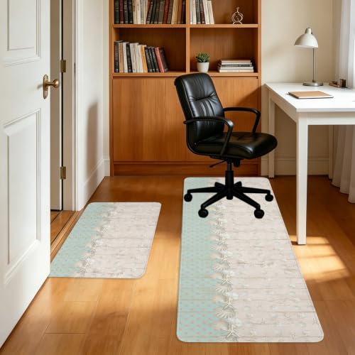 Beach Kitchen Rugs Set of 2 - Mint, Seafoam, Sand, Cream, 40x60 + 40x120 Inches