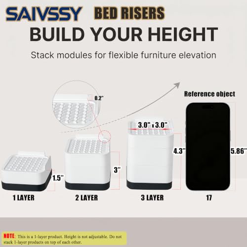 Heavy Duty Stackable Bed Risers for Sofa, Bed & Furniture - Adjustable 1.5/3/4.3 Inch