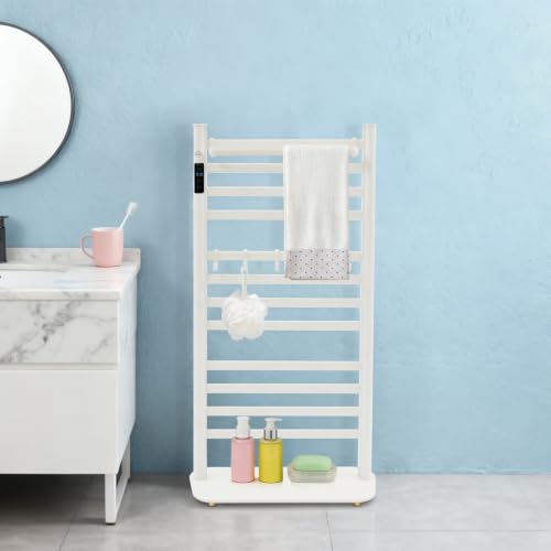 Heated Towel Rack with LED Display and Top Shelf - White