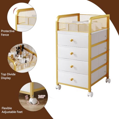 White & Gold Rolling Makeup Organizer Cart with 4 Drawers and Divided Top
