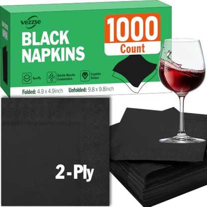 Black Cocktail Napkins Bulk Pack 2-Ply Disposable 4.9x4.9 Inch for Parties & Bar
