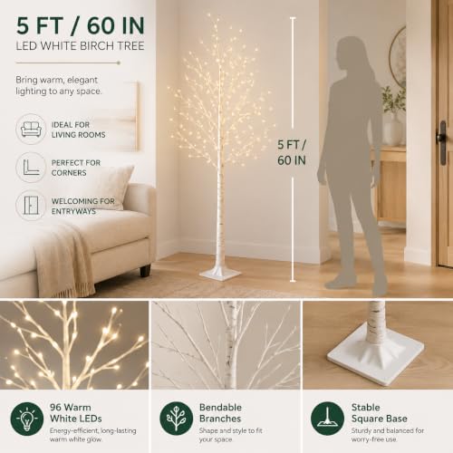 5FT Birch Tree with Lights - Indoor Outdoor Decor with 96 LEDs & Adjustable Branches