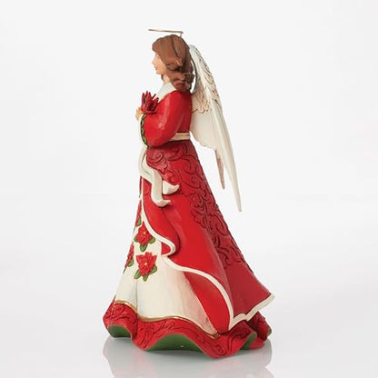 Christmas Angel Figurine with Cardinals and Poinsettias, 8.66 Inch Holiday Decor