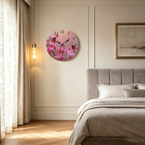 12-Inch Silent Wall Clock - Round Pink Rose Butterfly, Non-Ticking