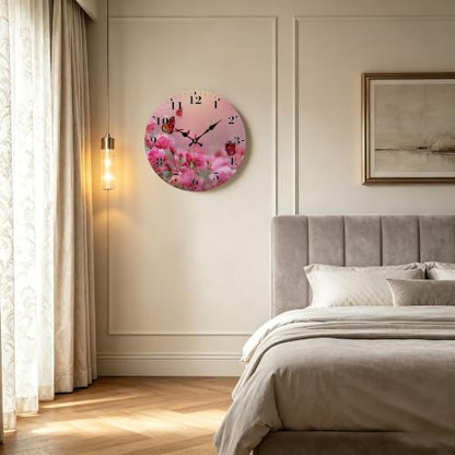 12-Inch Silent Wall Clock - Round Pink Rose Butterfly, Non-Ticking
