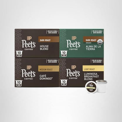 Peet's Coffee, Keurig K-Cup Pods Variety Pack, 100% Arabica Coffee - Luminosa Breakfast Blend, Café Domingo, Organic Alma De La Tierra, House Blend, 40 Count (4 Boxes of 10 Pods)