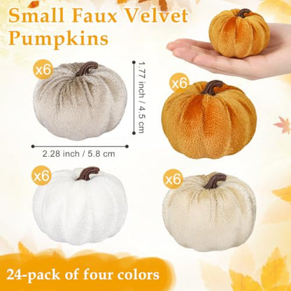 24 Pcs Rustic Fall Velvet Pumpkins Artificial Harvest Decor - Orange, Champagne, White & Khaki