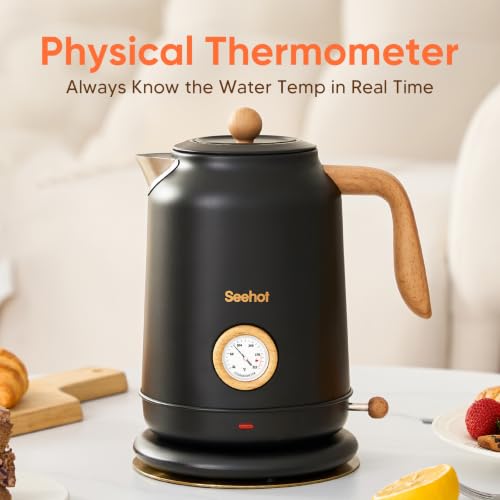 Electric Kettle 1.7L with Thermometer, 1200W, Black - Seehot