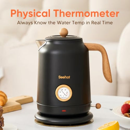 Electric Kettle 1.7L with Thermometer, 1200W, Black - Seehot