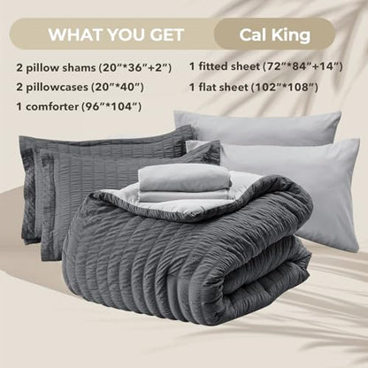 HYMOKEGE Dark Grey/Light Grey California King Comforter Set Seersucker 7 Pieces, All Season Luxury Bed in a Bag for Bedroom, Bedding Set with Comforter, Sheets, Pillowcases & Shams