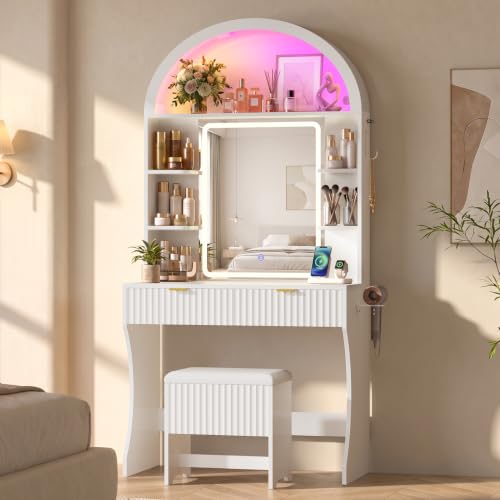 Small Vanity Desk with LED Mirror – Arched Fluted Vanity with Lights (White) by HAUOMS
