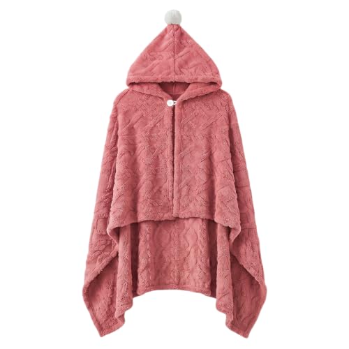 Watermelon Red Hooded Fleece Poncho Cape with Pom Pom for Women 55x39in - Divguf