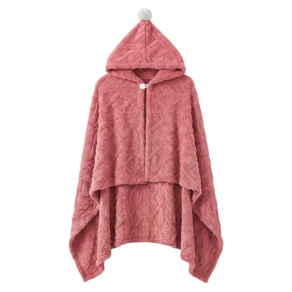 Watermelon Red Hooded Fleece Poncho Cape with Pom Pom for Women 55x39in - Divguf