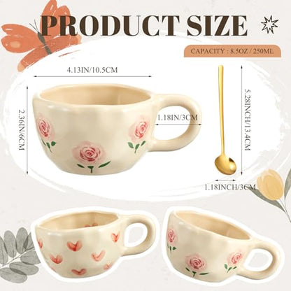 Vesici Floral Tea Cup Set Heart Rose Ceramic Mug with Spoon - 2 Pack