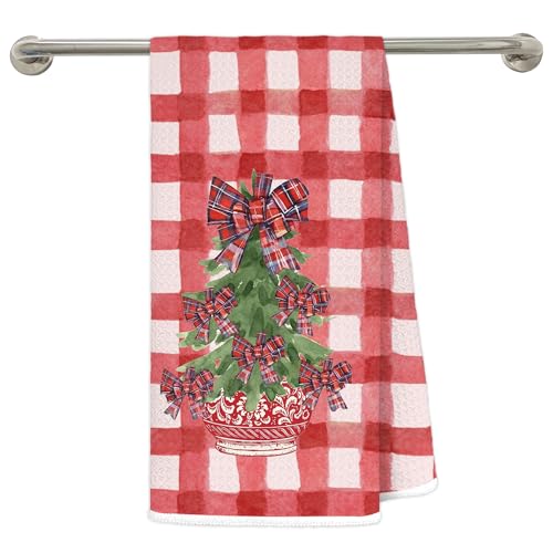 Chinoiserie Christmas Kitchen Towels - Red Buffalo Plaid Bow Holiday Dish Hand Towel, 16x24 Inches, Seasonal Home Decor