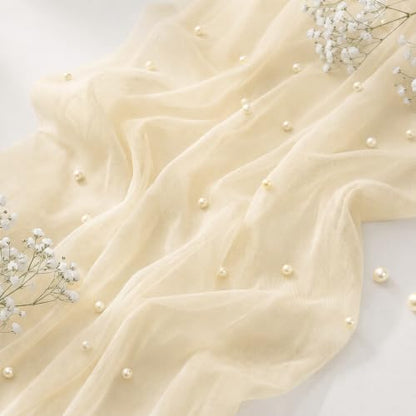 FEXIA Champagne Pearl Table Runner 10ft Beige Tulle Gauze Wedding Decor