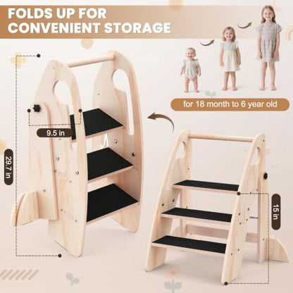 Wooden Foldable Toddler Step Stool for Bathroom Kitchen Potty Training
