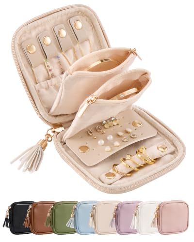 Mini Travel Jewelry Case - Oatmeal Soft PU Leather Pouch with Tangle-Free Compartments