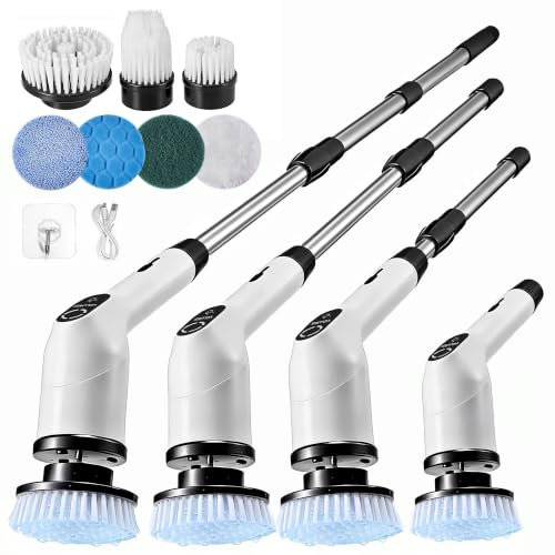 White Cordless Electric Spin Scrubber with 7 Brush Heads - Adjustable & Waterproof