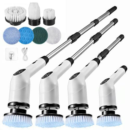 White Cordless Electric Spin Scrubber with 7 Brush Heads - Adjustable & Waterproof