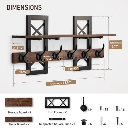 Brown Wall Mounted Coat Rack with Shelf and Dual Hooks - Rustic Entryway Organizer