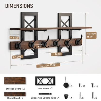 Brown Wall Mounted Coat Rack with Shelf and Dual Hooks - Rustic Entryway Organizer