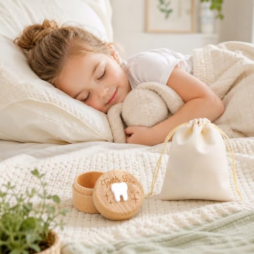 Wooden Tooth Fairy Keepsake Box with Pouch - Carved Child's Tooth Storage