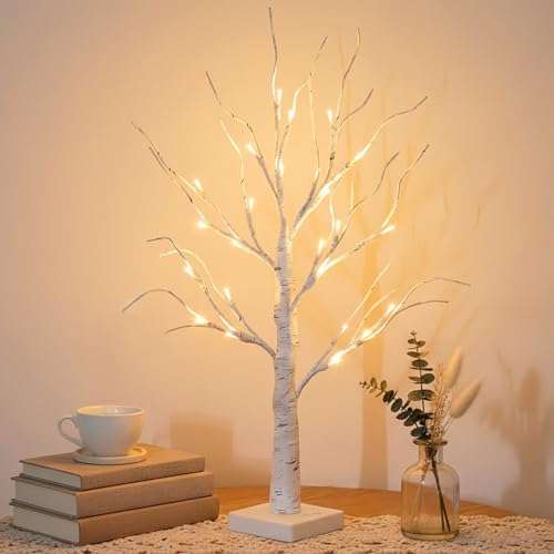 Lighted Birch Tree Christmas Decorations - 2FT Mini LED Tree with Timer, Indoor Table Centerpiece
