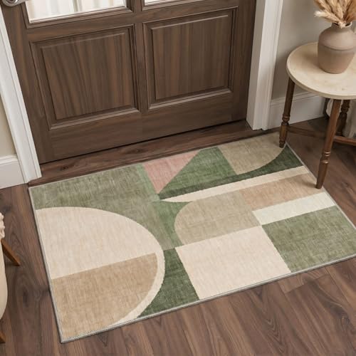Sage Beige 8x10 Washable Area Rug - Mid Century Modern Green Abstract Rug for Bedroom
