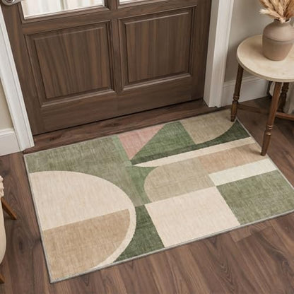 Sage Beige 8x10 Washable Area Rug - Mid Century Modern Green Abstract Rug for Bedroom