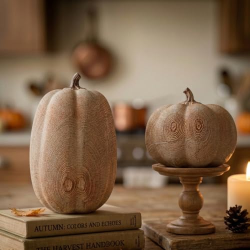 Faux Wood Grain Resin Pumpkins Set of 2 Fall Decor for Thanksgiving