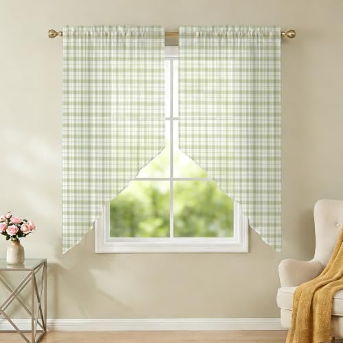 Sage Green Checkered Swag Curtains 28W x 36L Set - Farmhouse Semi-Sheer Window Valances