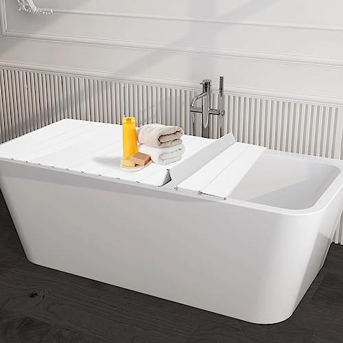 Large Foldable Bath Cover with Tray - 63 x 31.5 Inches White PVC Bath Protector