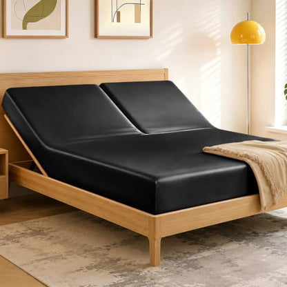 Split Top King Fitted Sheet for Adjustable Beds - Black, Satin, 34 Inch Split