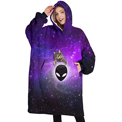 Touchbetter Space Galaxy Alien Wearable Oversized Blanket, Sherpa Blanket Hooded with Super Pockets, Super Warm Fuzzy Pullover for Women & Men