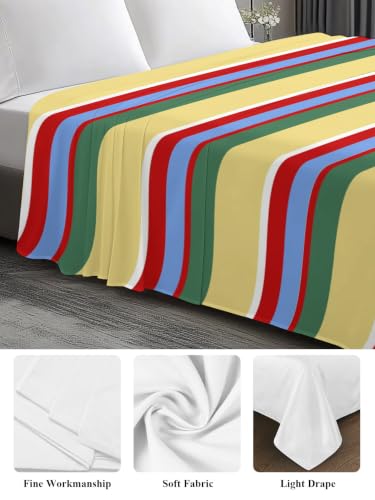 Yellow Queen Size Flat Sheet Microfiber Breathable Bed Top Sheet - Colorful Stripes