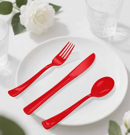 Red Disposable Cutlery Set - Heavy Duty Plastic Knives Forks Spoons for Parties
