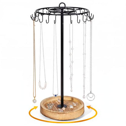 Rotating Necklace Organizer Stand with 24 Hooks - Jewelry Display & Storage