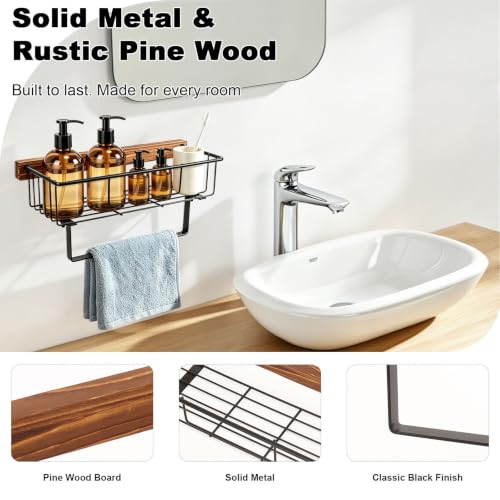 Rustic Wall-Mounted Hand Towel Holder with Wooden Storage Basket for Bathroom
