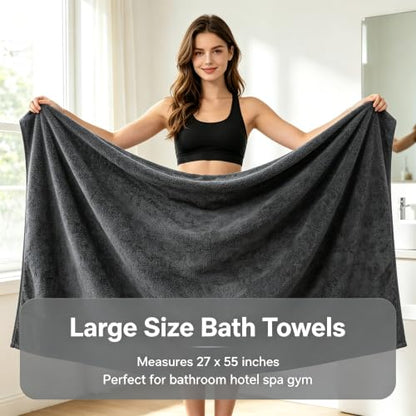Gray Cotton Bath Towels Set 27 x 55 Inches - Pack of 2, Soft & Absorbent