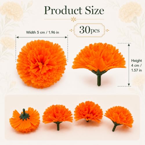 Artificial Marigold Flowers Heads for Dia De Los Muertos Decorations - Orange, Bulk 30pcs