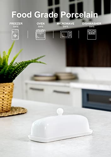 White Ceramic Butter Dish with Lid - Non-Slip Ridges, Countertop Storage
