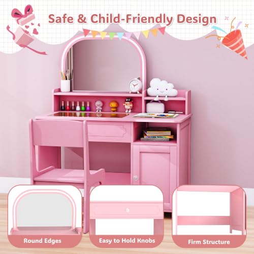 Kids Vanity Set Pink with Mirror Lights and Storage - Toddler Girl Dress Up Desk - All Pink